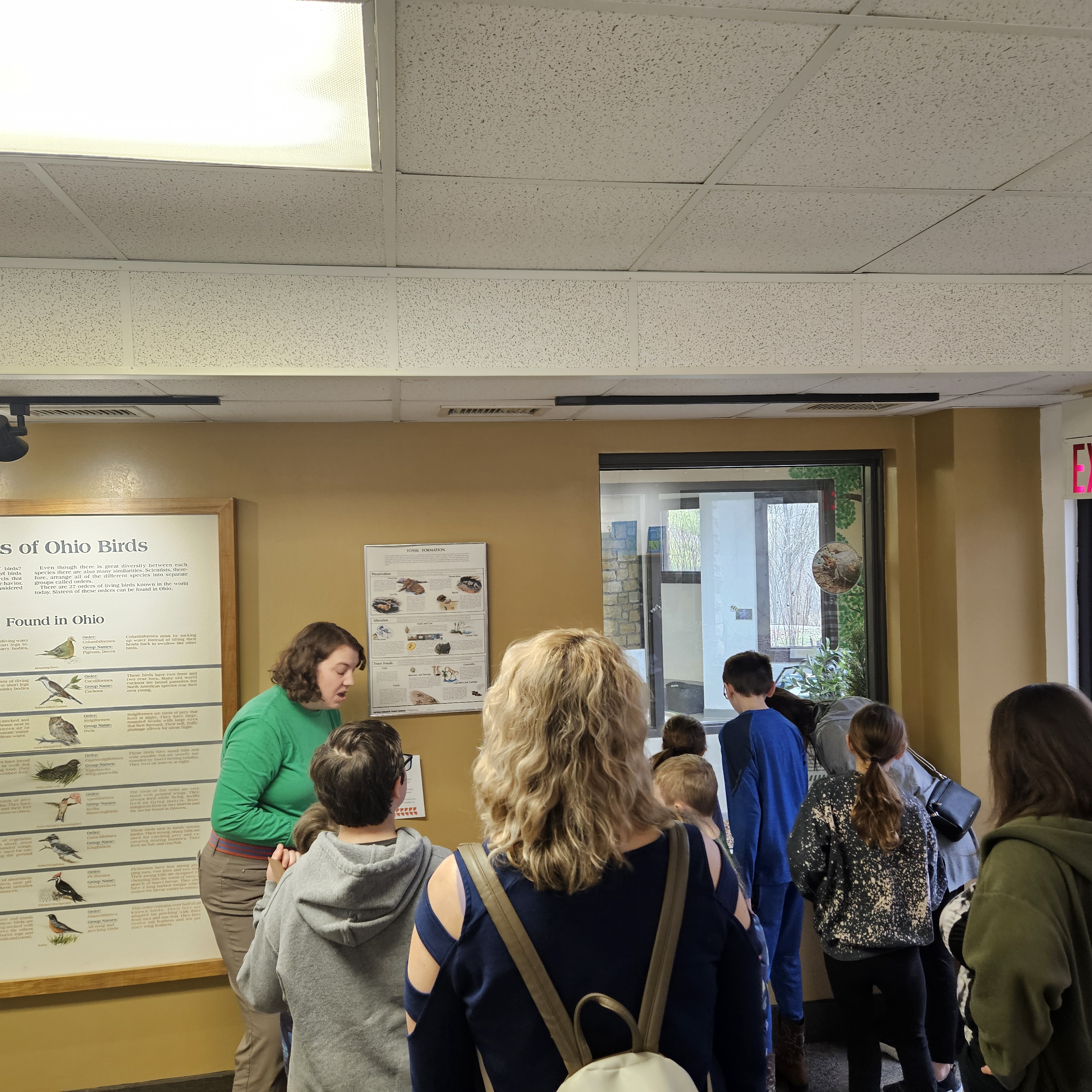 A woman in a green shirt talks to a group of pre-teen aged kids in a nature center.